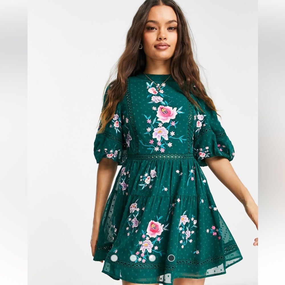 ASOS Design Petite High Neck Textured Embroidered Mini Dress w/ Lace Trims Green
